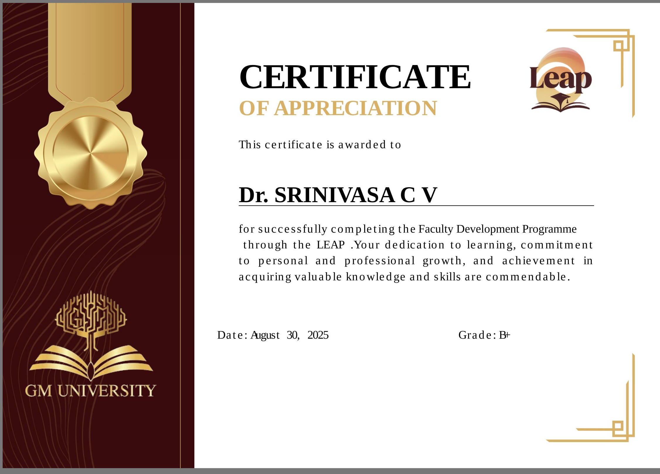 Dr. Srinivasa C V Faculty Development Certificate